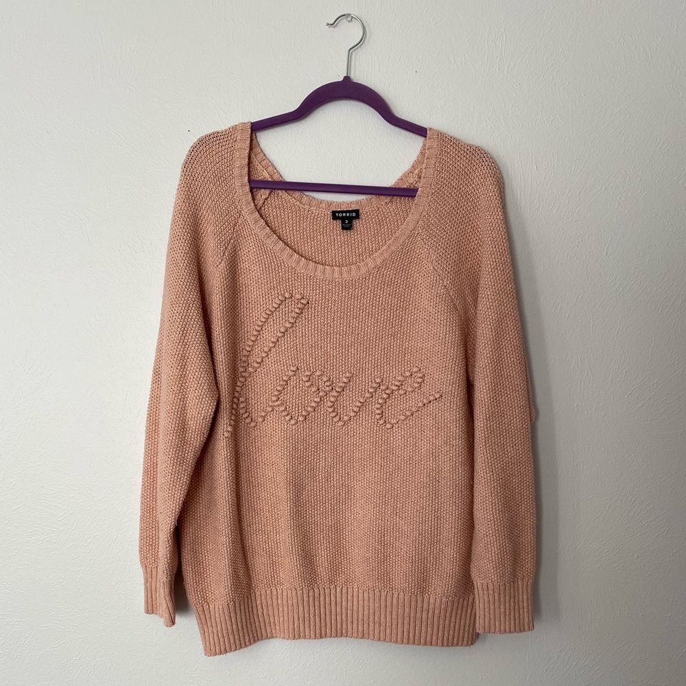 Torrid textured “Love” Sweater. Peachy/light pink neutral color.